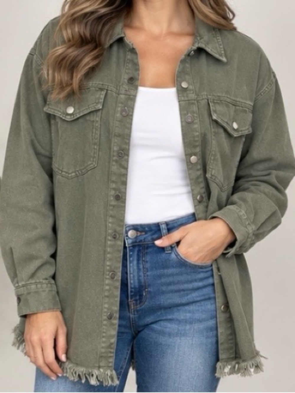 Women's Olive Fringe-Hem Denim Shacket